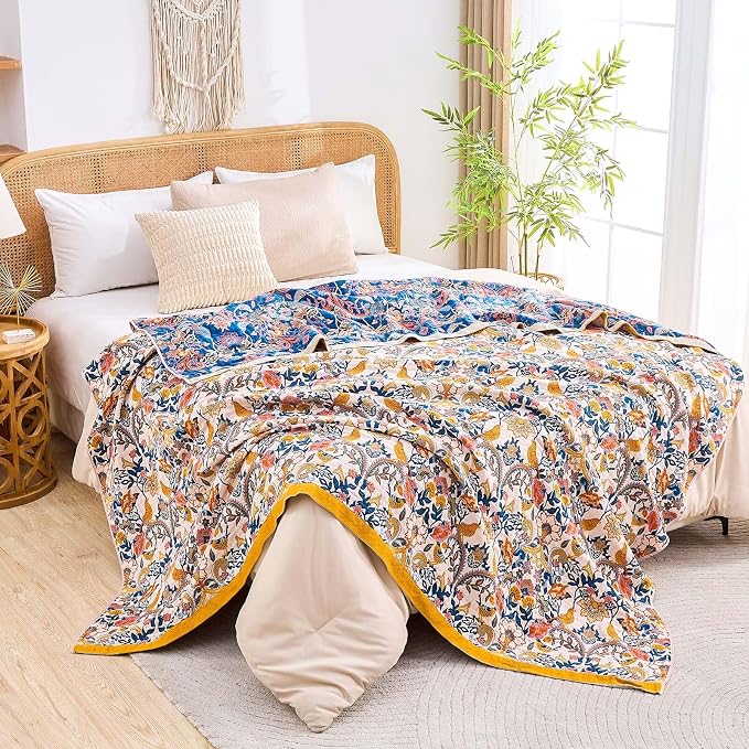 XIBLC Boho Blanket Throw Quilt, 100% Cotton Soft Light Weight Throw Blankets for Summer, 60"x80" Farmhouse Flower Decorative Blankets, All Season Rustic Reversible Bohemian Throw Quilt