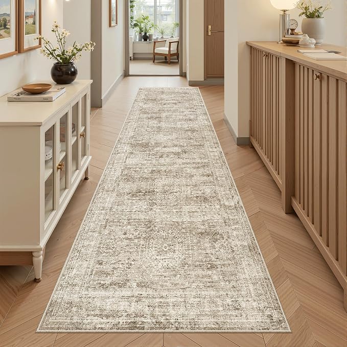 Soalmost Runner Rug 2x8 Washable Non-Slip Hallway Kitchen Runners Brown | Stain Resistant Vintage Rugs for Bathroom Laundry Room, Low Pile Foldable Floor Carpet Mat for Entryway Corridor Bedroom