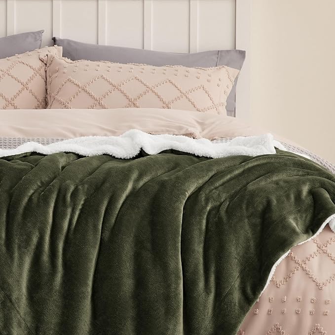 Bedsure GentleSoft Sherpa Fleece Twin Size Blanket for Couch, Non-Heated, Thick and Warm Throw for Women and Men, Soft Fuzzy Plush Twin Blanket for Winter, Olive Green, 60x80 Inches