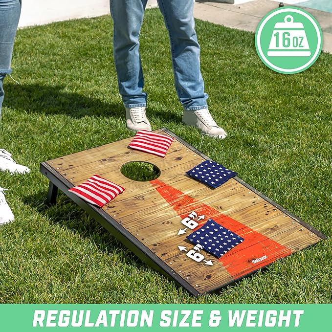 GoSports Official Regulation Cornhole Bean Bags Set of 8 – for Competitive Cornhole Games - All Weather - American Stars and Stripes or Red and Blue