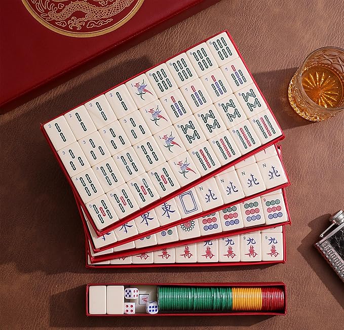 Mose Cafolo Chinese Mahjong Game Set 1.5" X-Large 144 Numbered White Ivory Color Melamine Tiles with Carrying Travel Case,Complete Majiang, Majong, Mah-Jongg Game Set