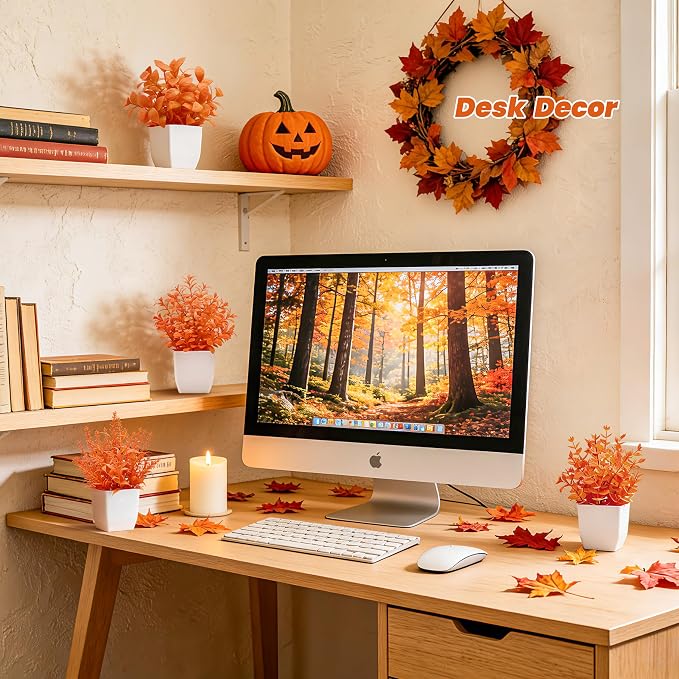 Der Rose 4 Pack Fall Fake Plants in White Pots, Autumn Bathroom Home Decor | Warm orange faux plants, Autumn fall seasonal accents, for shelf windowsill desk bathroom office and Halloween decor