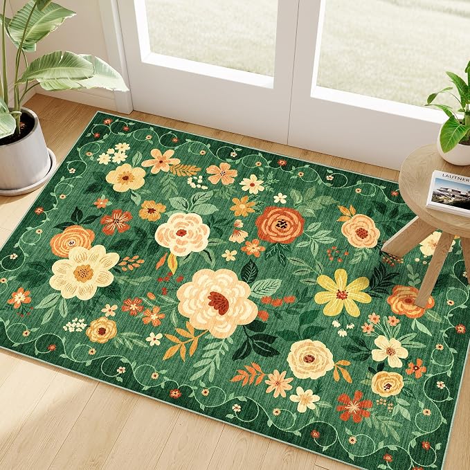 DUKINO 2x3 Entryway Rug, Door Mat Soft Washable Rug Non Slip, Dark Green | Low Pile, Non-Shedding, Floral Small Rug for Kitchen, Entrance, Bedroom, Bathroom, Pet Friendly, Stain Resistant, Home Decor