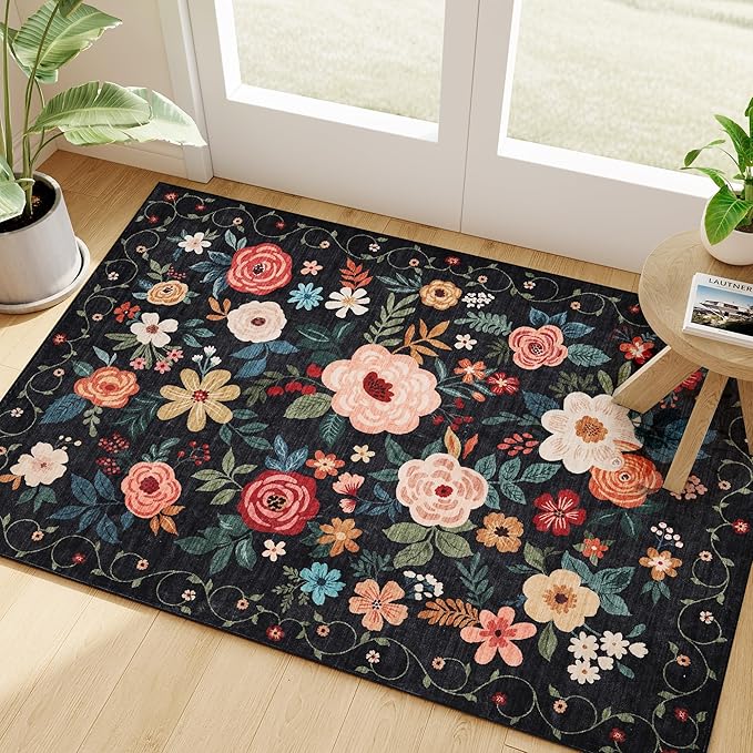 DUKINO 2x3 Door Mat Indoor Entrance, Floral Washable Rug Non Slip, Black | Low Pile, Non-Shedding Small Rug for Kitchen, Entryway, Bedroom, Bathroom, Pet Friendly, Stain Resistant, Modern Home Decor