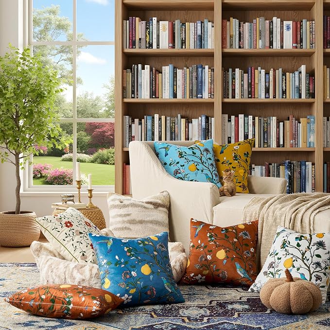 MUSSEL Burnt Orange Floral Vintage Decorative Pillow Covers 18x18 Set of 2 | Soft Velvet,Wild Flower Plant,Throw Pillows Case,Square,Colorful Boho Farmhouse Cushion Covers,Home Sofa Bed Couch Decor