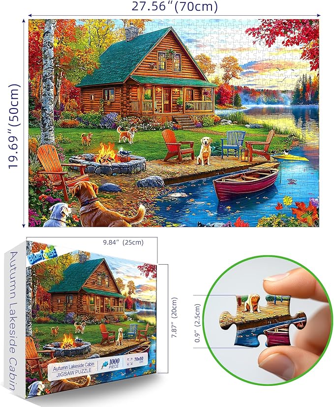 Autumn Lake House 1000 Piece Jigsaw Puzzle for Adults Log Cabin with Dogs & Fall Foliage Adult Puzzles 1000 Pieces for Family Game Night & Home Decor