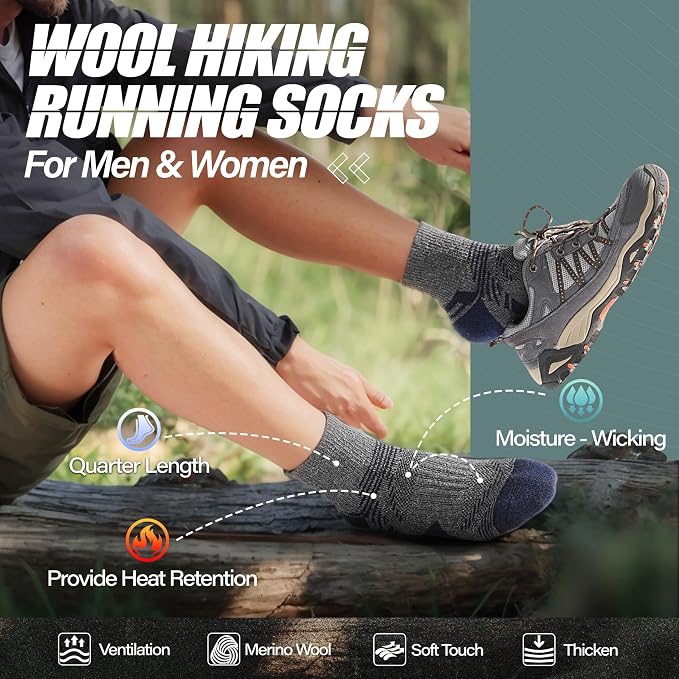 ANTSANG 6 Pairs Merino Wool Quarter Ankle Hiking Running Socks Compression Thermal Thick Cushion Socks for Women Men