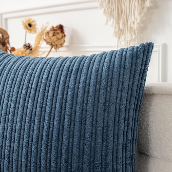 UGASA 14x20 Inch Pillow Cover Pack of 1 Soft Boho Stripe Corduroy Long Rectangular Lumbar Cushion Cover Farmhouse Decorative Throw Pillowcase for Bed, Couch, Sofa, Bedroom, Living Room, Dusty Blue