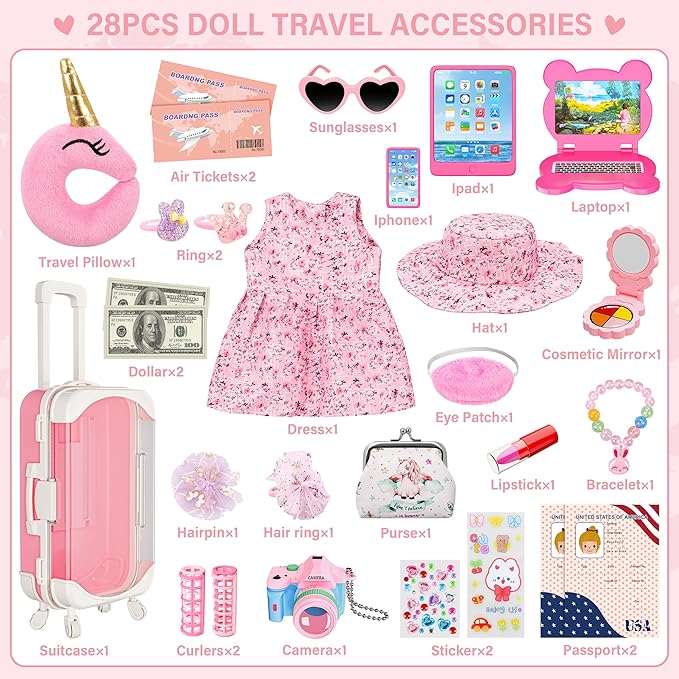 Doll Suitcase Travel Set, 18 inch Doll Clothes and Accessories - 28 Pcs Travel Pillow, Unicorn Bag, Sunglasses, Camera, Computer, Phone, Passport, Birthday Gift for Age 3 4 5 6 Year Old Girls