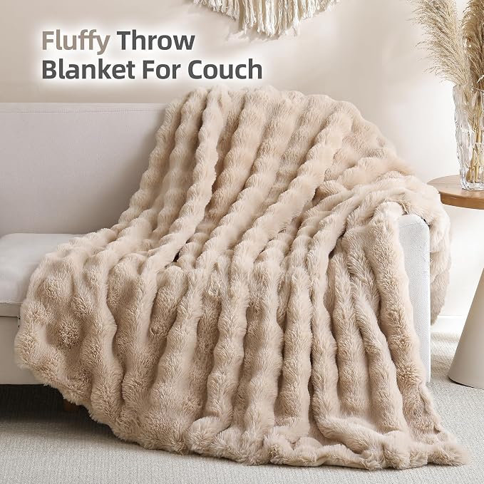 Faux Rabbit Fur Throw for Couch - Linen Bubble Blanket 60"x80" | Fluffy Plush Fuzzy Throw for Sofa & Bed, Super Soft Cozy Comfrt Blanket, Luxury Aesthetic Linen Decor Gift for Women