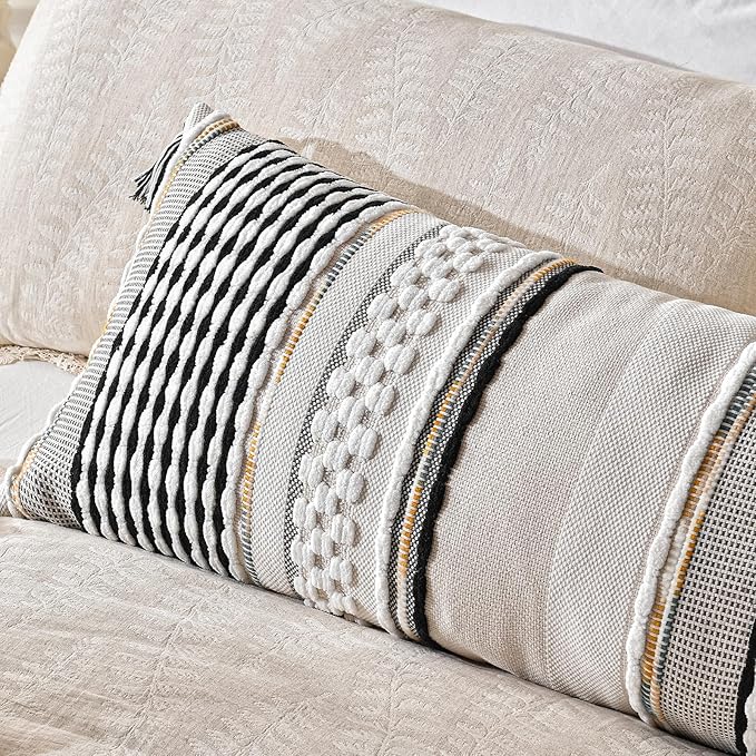 Chenille Striped Textured Boho Throw Pillow Covers Aesthetic with Tassels Woven Decorative Pillow Case for Couch Bed Sofa Bedroom Modern Funky 14 x 36-Inch Black