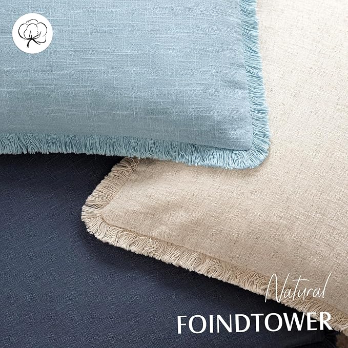 Foindtower Set of 2 Decorative Linen Fringe Throw Pillow Covers Cozy Boho Farmhouse Cushion Cover with Tassels Soft Accent Pillowcase for Couch Sofa Bed Living Room Home Decor,26×26 Inch,Light Blue