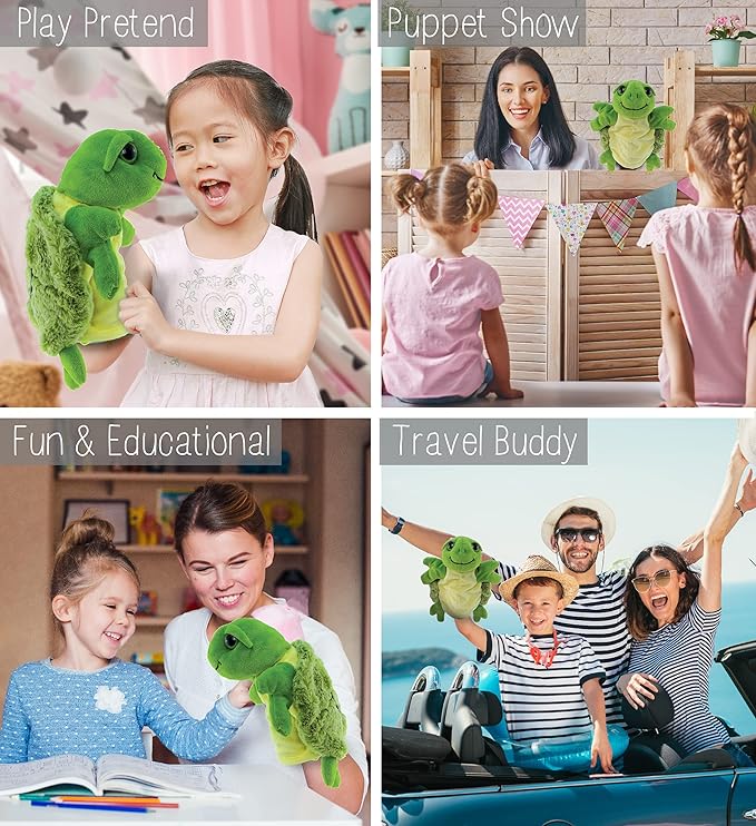 DolliBu Sea Turtle Hand Puppet - Super Soft Stuffed Animal Hand Puppets for Kids, Educational Hand Puppet Plush Toy for Kids and Adults, Ocean Life Animal Puppet for Teaching and Puppet Show - 10 Inch