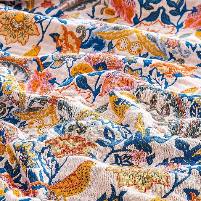 XIBLC Boho Blanket Throw Quilt, 100% Cotton Soft Light Weight Throw Blankets for Summer, 60"x80" Farmhouse Flower Decorative Blankets, All Season Rustic Reversible Bohemian Throw Quilt