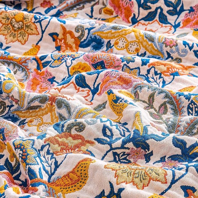 XIBLC Boho Blanket Throw Quilt, 100% Cotton Soft Light Weight Throw Blankets for Summer, 80"x90" Farmhouse Flower Decorative Blankets, All Season Rustic Reversible Bohemian Throw Quilt