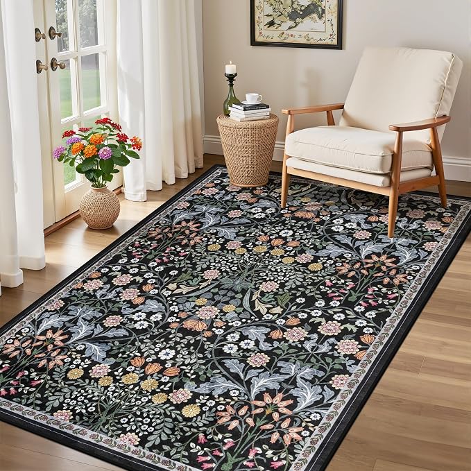 Area Rug Living Room Rugs: Floral 3x5 Washable Rug Vintage Soft Boho Non-Slip Carpet Indoor Floor Stain Resistant Large Carpets for Bedroom Dining Room Farmhouse Nursery Hallway Dark Black