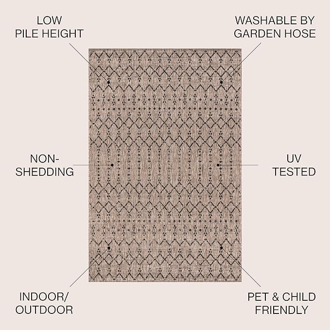 JONATHAN Y Moroccan Geometric Indoor Outdoor Square Area Rug 5X5 Natural/Black, Ourika Textured Weave for Backyard, Patio, Porch, Easy-Cleaning, High Traffic Pet-Friendly, Non-Shedding SMB108D-5SQ