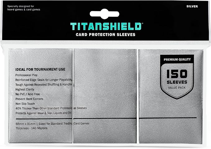 TitanShield Premium Card Sleeves | Compatible with Pokemon, One Piece, Lorcana, Flesh & Blood, & Magic The Gathering MTG | (150 Sleeves - Standard) (1, Silver, Standard | 66x91mm)