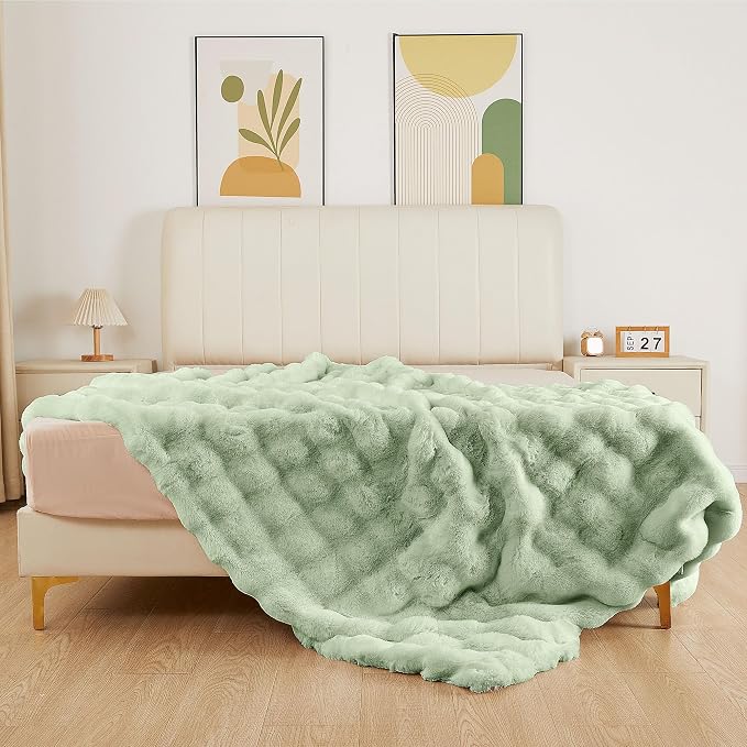 ORINOVA Sage Green Throw Blanket for Couch, 50x60 Ultra Soft Faux Rabbit Fur, Fuzzy Fluffy Plush Bubble Texture, Cozy Warm Reversible Sofa and Bed Cover, Living Room Decor, Gifts for Women