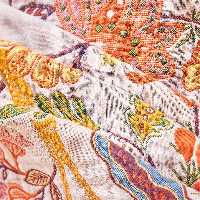 VANJOROY King Boho Throw Blanket 91" x 98", 100% Organic Cotton Breathable Skin-Friendly Ultra Soft Bed Quilt Throw - Floral Rustic Decor Luxury Reversible Blanket for Sofa Couch Chair and Gift