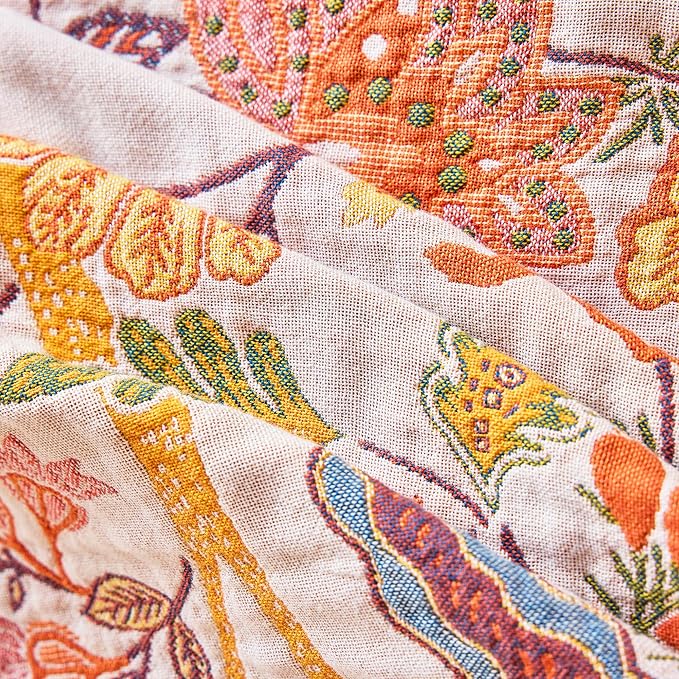 VANJOROY Boho Throw Blanket for Bed Couch 50" x 60", 100% Organic Cotton Skin-Friendly Ultra Soft Quilt Throw - Floral Rustic Living Room Decor Luxury Reversible Blanket for Sofa Chair and Gift