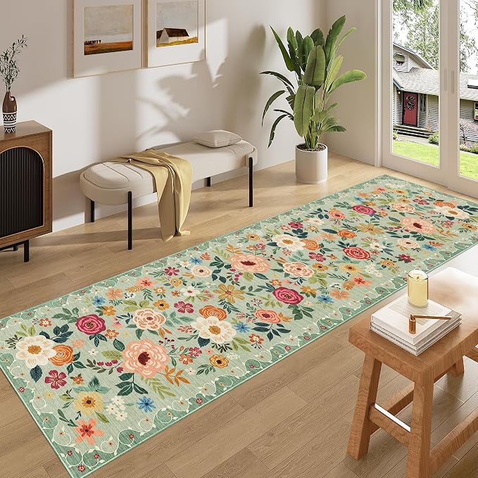 DUKINO 2x8 Runner Rug, Washable Runner Rug for Kitchen Non Slip, Green | Low Pile, Floral, Soft Indoor Rug for Hallway, Entryway, Bedroom, Bathroom, Pet Friendly, Stain Resistant, Modern Home Decor