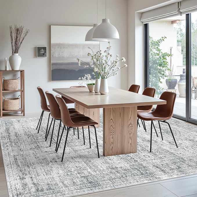 Soalmost Washable Area Rug 8x12 Large Soft Grey Rugs for Living Room | Vintage Non-Slip Carpet for Dining Bedroom, Stain Resistant Low Pile Foldable Lightweight Floor Mat Under Table Home Decor