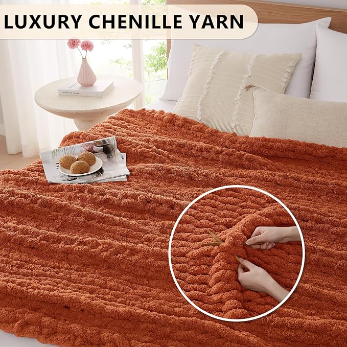 L'AGRATY Chunky Knit Throw Blanket for Couch, 80 x 90 Inches, Rusty Orange | Handmade Chenille Crochet Blanket for Sofa Bed, Thick Cable Knitted Blankets for Room Home Decor, Birthday Gift for Women Mom