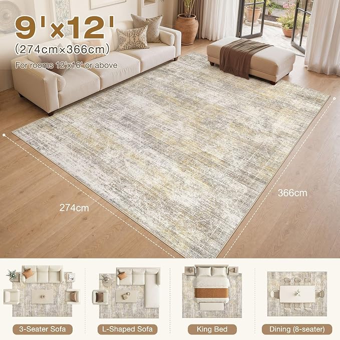 cotiled Washable Area Rugs 9x12 Living Room | Non Slip Backing, Stain Resistant, Pet Friendly, Large Neutral Soft Indoor Carpet For Bedroom, Nursery, Office, Gold/Brown