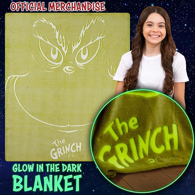 The Grinch Glow in The Dark Throw Blanket 51x59” for Kids Teens Adults, Soft Fleece Blanket for Sofa Bed, Cozy Warm Gifts for Kids (Green Grinch)