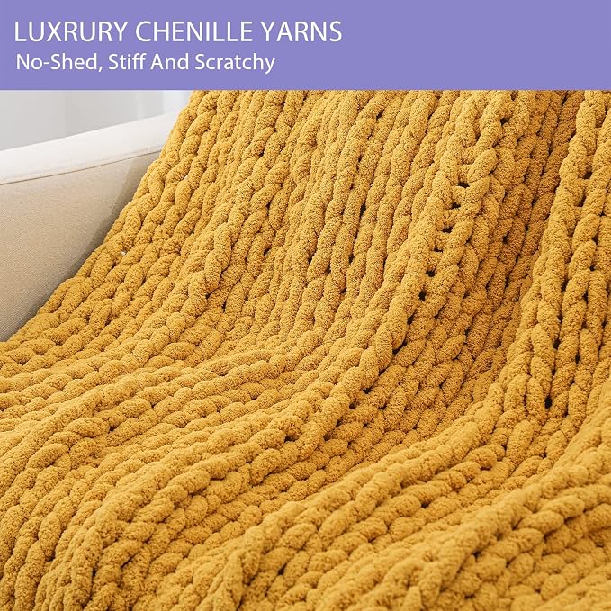 Bigacogo Chunky Knit Throw Blanket for Couch, 40x80 inches, Mustard Yellow | Hand Knit with Jumbo Chenille, Soft Breathable Cable Knit for Sofa Bed Living Room, Machine Washable, Gift for Mom Friend