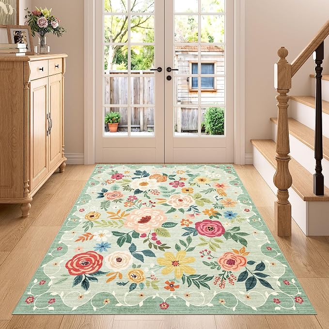 DUKINO 4x5 Area Rug for Entryway, Soft Floral Washable Rug Non Slip, Green | Low Pile, Non-Shedding Indoor Carpet for Bedroom, Kitchen, Living Room, Nursery, Pet Friendly, Stain Resistant, Home Decor