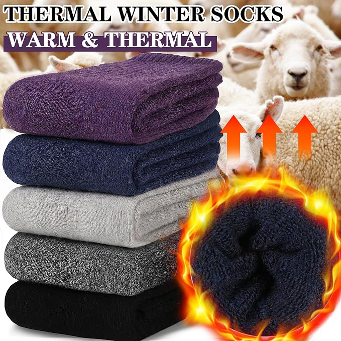 MOGGEI 5 Pairs Womens Merino Wool Socks Hiking Warm Winter Thick Thermal Crew Cozy Cabin Ladies Gift Comfy Boot Work Socks