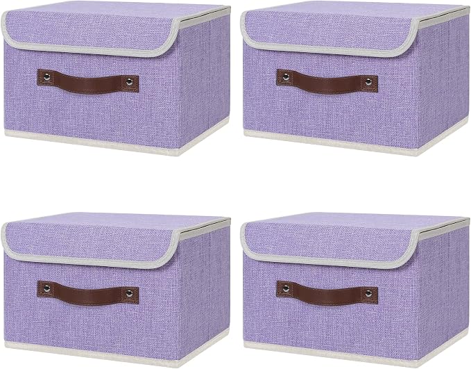 ANMINY Fabric Storage Box Bins with Lids, Purple, 10"x8"x7", 4 Pack | Keepsake Memory Storage, Cotton Linen, PP Board Reinforced, Washable, PU Handles, Foldable & Stackable, Decorative, Small