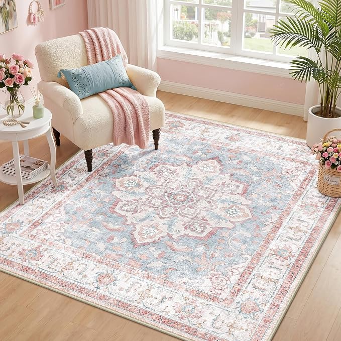 CAPALOCA Square 5ft Washable Nursery Girls Low Pile Area Rug Pink Blue | Non-Slip Soft Rugs for Bedroom Kids Playroom Living Room, Print Pattern Water Repellent Carpet Indoor Decor