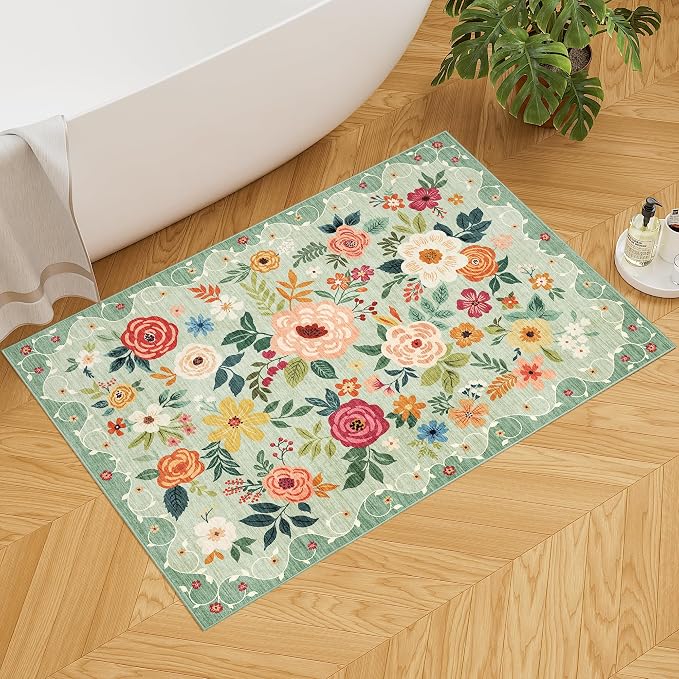 DUKINO 2x3 Rug, Floral Washable Rug for Entryway Non Slip Door Mat, Green | Low Pile, Non-Shedding Small Rug for Kitchen, Entrance, Bedroom, Bathroom, Pet Friendly, Stain Resistant, Modern Home Decor