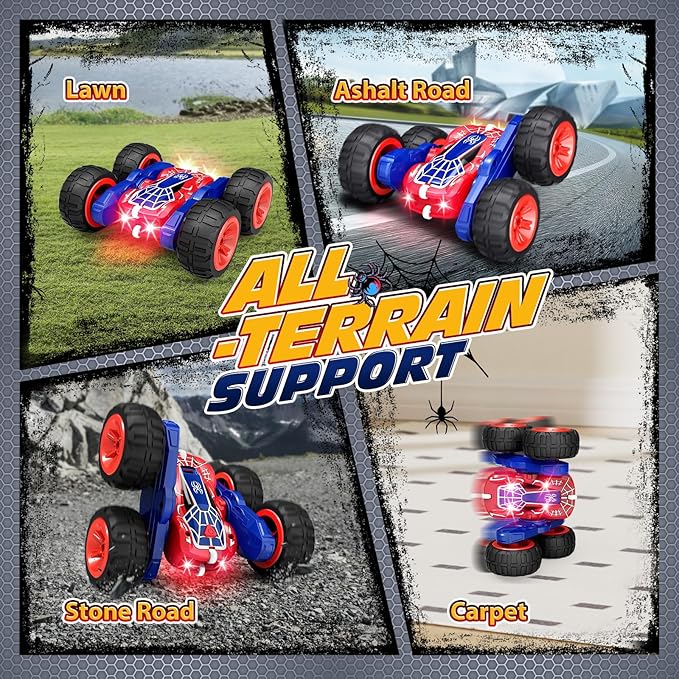 Tecnock Spider Remote Control Car, 2.4GHz RC Cars with USB-C Easy Charging, 4WD Double Sided 360° Rotates & Flips RC Stunt Car, Toys Gift for Boys and Girls Ages 6-8, 8-12