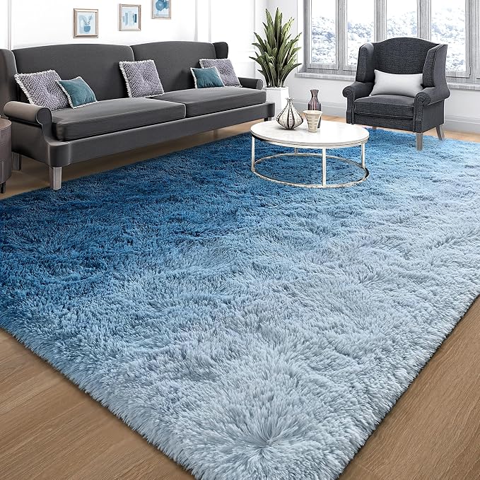 Tepook Fluffy Large Rugs for Living Room, 8x10 Area Rugs for Bedroom, Modern Shag Fuzzy Carpets for Kids Boys Girls, Plush Indoor Nursery Home Decor Rug with Non-Slip Bottom, Gradient Navy Blue