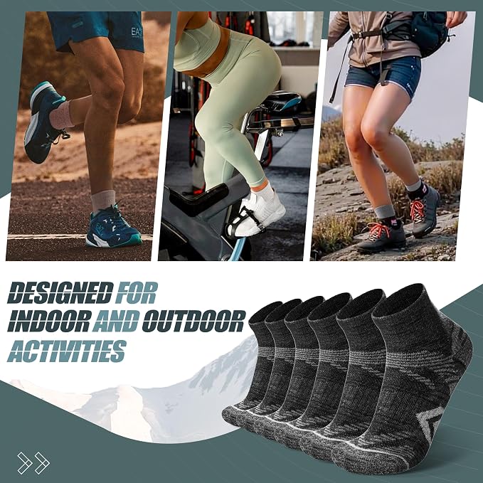 ANTSANG 6 Pairs Merino Wool Quarter Ankle Hiking Running Socks Compression Thermal Thick Cushion Socks for Women Men