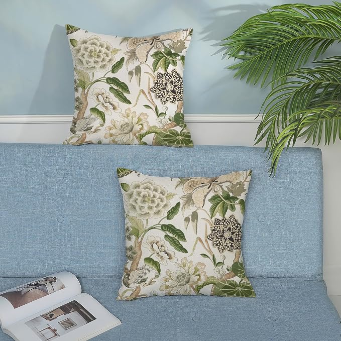 Green Pillow Covers 20x20 Inch Set of 2 Vintage Green Floral Throw Pillows Chinoiserie Flower Decorative Pillow Cases Outdoor Linen Farmhouse Cushion Covers for Couch Sofa Decorations