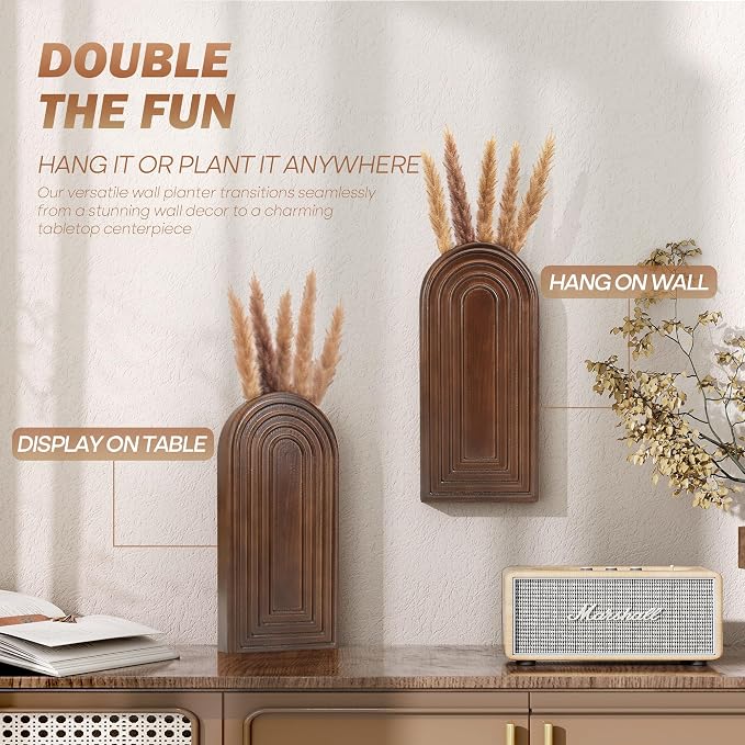 EOSAHR Rustic Wall Vase: Wall Planter for Hallway Decor for Entryway, Brown | 2Pcs, Pine Wood, Hanging Planter, Wall Art for Living Room, Farmhouse Wall Decor, Suit to Hold Pampas Grass