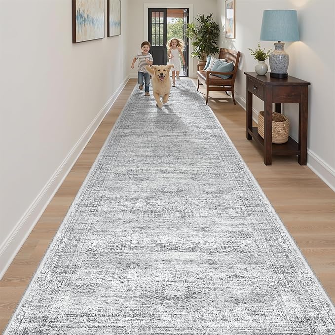 Soalmost Washable Hallway Runner Rug 3x20 Kitchen Entry Rugs Non-Slip, Grey | Vintage Extra Long Runners 20ft for Bathroom Entryway, Foldable Low-Pile Wide Floor Carpet for Corridor Living Room Bedroom