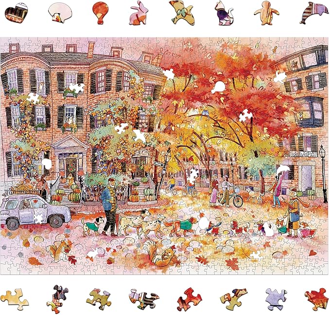 1000 Pieces Jigsaw Puzzles for Adults, Autumn Street Puzzle, Unique Shape Puzzles for Family Friends Challenging Games