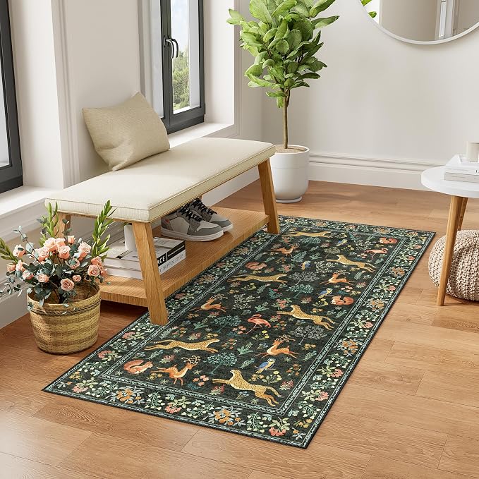 DUKINO 2x4 Rug for Entryway, Animal Washable Runner Rug for Kitchen, Black | Non Slip, Low Pile, Stain Resistant Thin Indoor Carpet for Hallway, Bedroom, Bathroom, Laundry, Pet Friendly, Non-Shedding