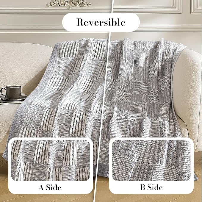 Knit Throw Blanket, Soft Chenille Cozy Breathable Dual Tone Checkered Chunky Decorative Blanket for Couch, Bed & Sofa, French-Inspired Lightweight Warm Gift for Women, Gray, 50"x60"