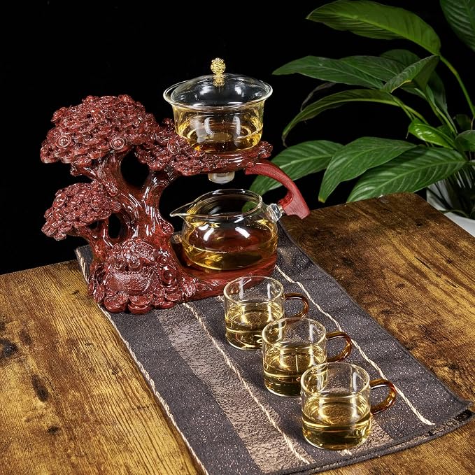 Zurucily Glass Teapot Set with Infuser Semi Automatic Tea Set Magic Teapot (Tree - red)