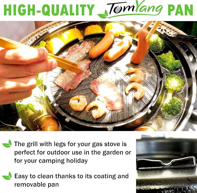 TomYang Stovetop Korean BBQ, Korean Bbq Grill Pan, 13 inch, Camping Pan, Non-stick Coating, More than 100 Recipe Videos, KBBQ pan, 4 x Bamboo tongs, Dishwasher, Grill Pan, Korean food