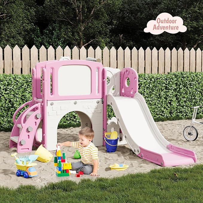 Garvee 8-in-1 Toddler Slide Indoor & Outdoor Playground Playset for Kids-Includes Climber, Basketball Hoop, Telescope, Tunnel, and Storage Space for Backyard & Courtyard Fun