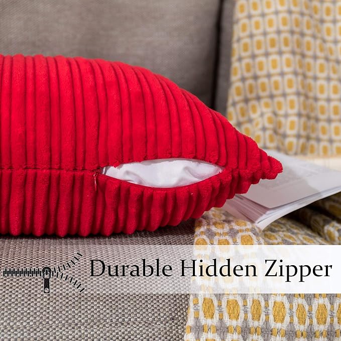 UGASA Valentines Corduroy Striped Soft Soild Decorative Square Throw Pillow Covers Set Cushion Cases Pillowcases for Sofa Bedroom, 1 Pc, 26x26inch, Red