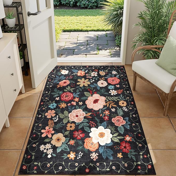DUKINO 3x4 Area Rug, Floral Washable Rug for Kitchen Non Slip, Black | Low Pile, Soft, Stain Resistant Indoor Rug for Entryway, Bedroom, Bathroom, Laundry, Pet Friendly, Home Decor, Lightweight